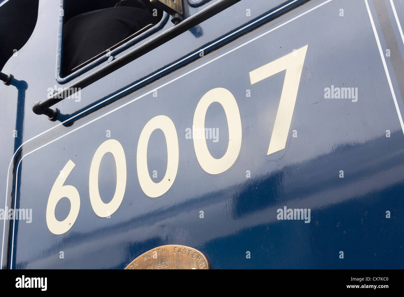 Il lato della cabina della A4 60007 Pacifico 'Sir Nigel Gresley' in mostra a Railfest 2012 presso il Museo Nazionale delle Ferrovie di York. Foto Stock