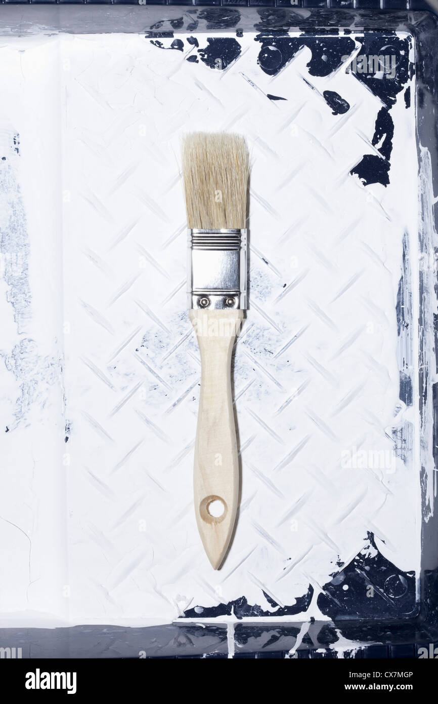 Una casa pulita spazzola di pittura giacente in una vernice usata vassoio con la vecchia vernice su di esso Foto Stock