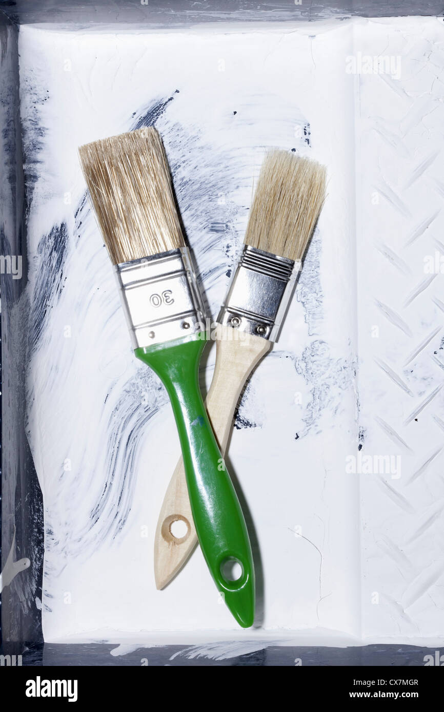 Due casa nuova pittura pennelli ad incrociarsi tra loro e giacenti in un vecchio vassoio di vernice Foto Stock
