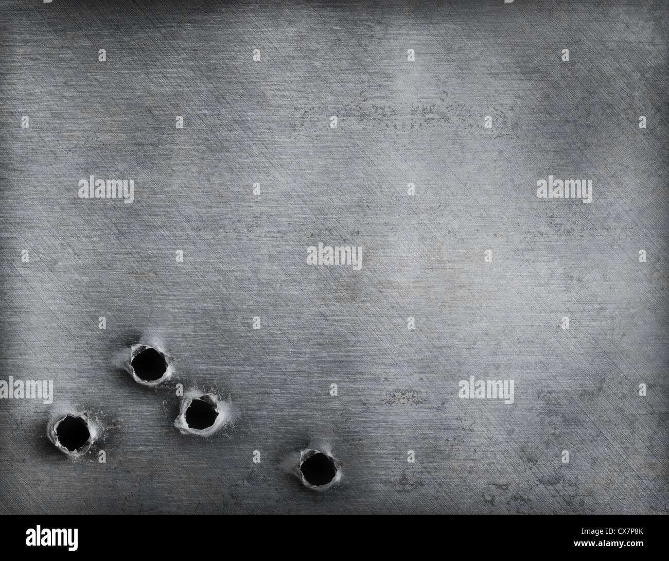 Sfondo di metallo con fori di proiettile Foto Stock