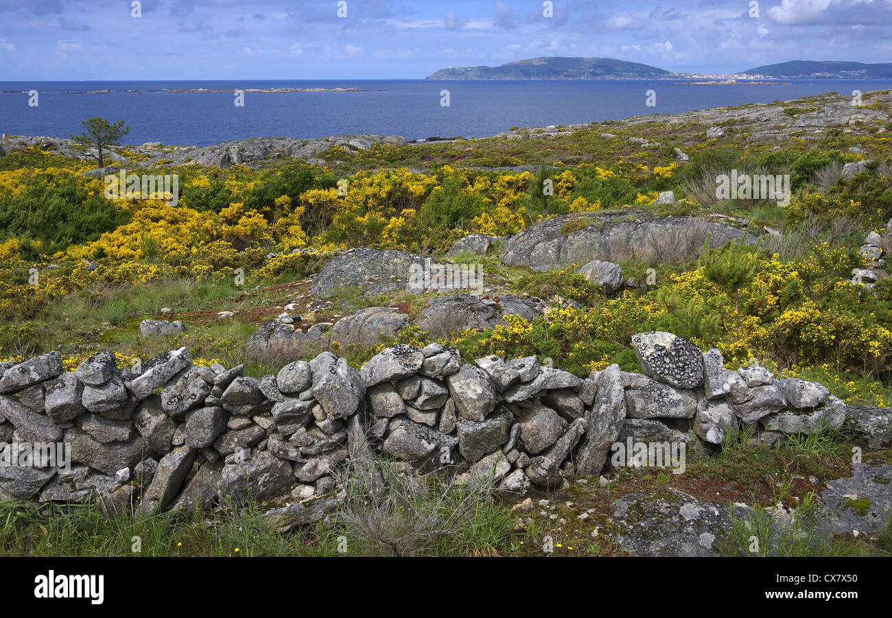 Costa della Galizia con Finisterre, Spagna, in background. Foto Stock