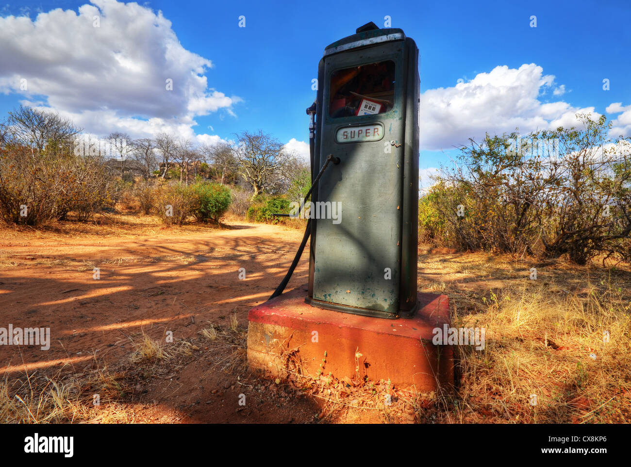 La rottura di un erogatore di carburante in un centro della savana. Foto Stock