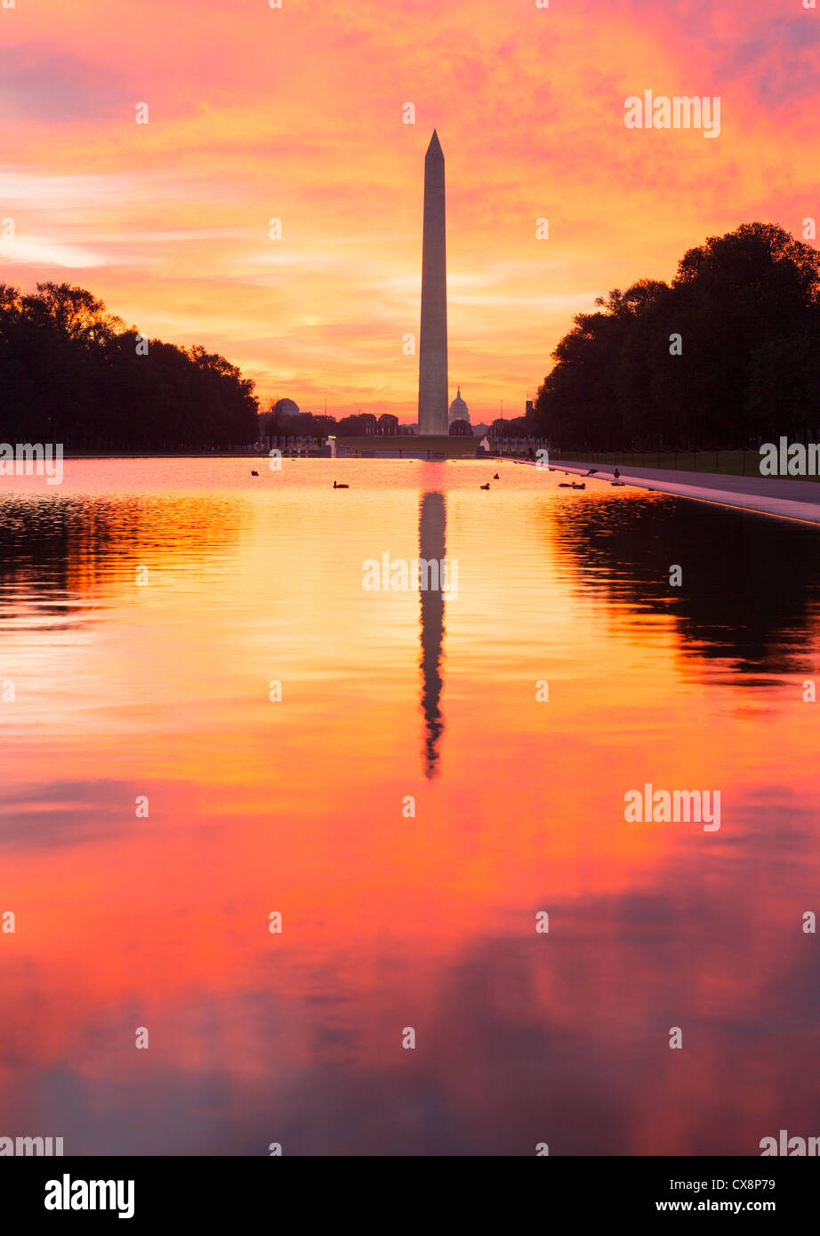 Rosso brillante e orange sunrise all'alba riflette il Monumento a Washington nella nuova piscina riflettente con red sky Foto Stock