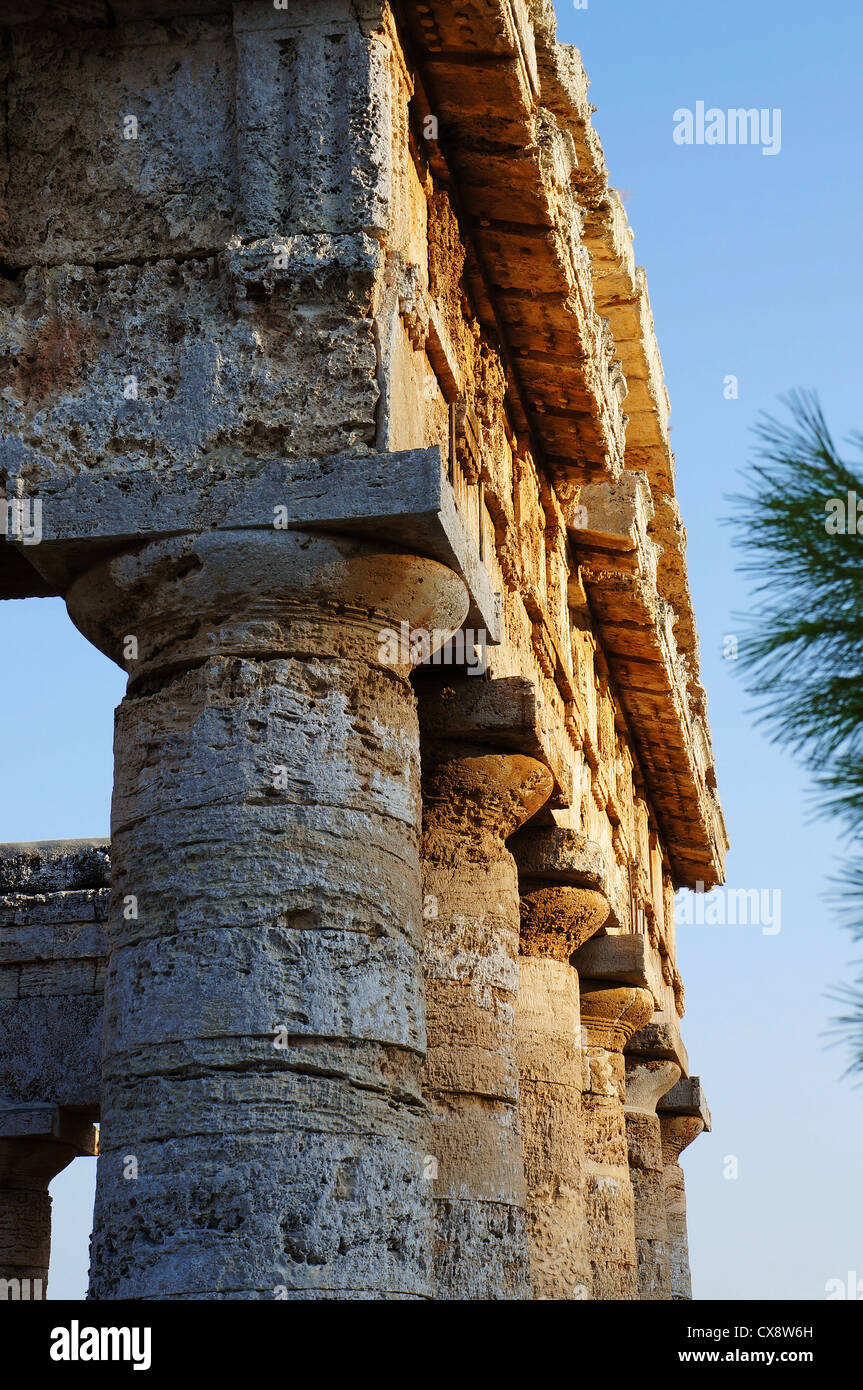 Consente di visualizzare delle monumentali colonne e frontone del tempio greco di Segesta Foto Stock