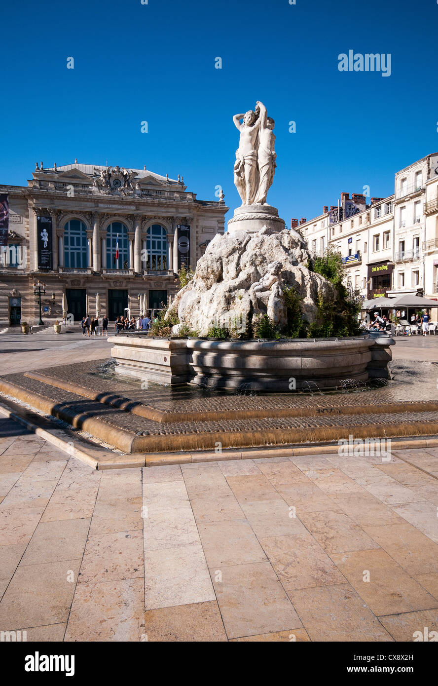 La Fontana delle Tre Grazie a Place de la Comédie, Montpellier, Francia Foto Stock