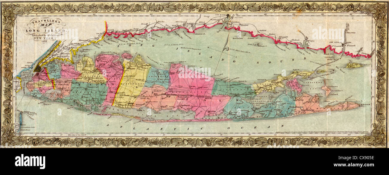 I viaggiatori mappa di Long Island, circa 1857 Foto Stock