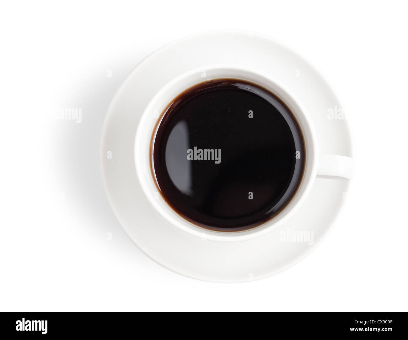 Vista dall'alto nero della tazza di caffè isolato su bianco Foto Stock