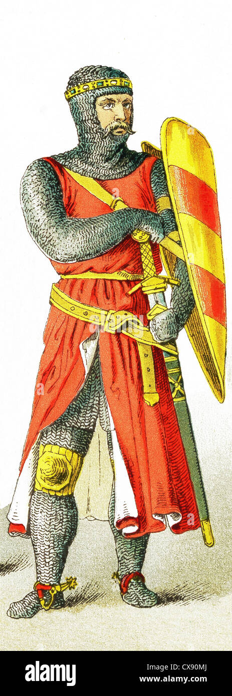 La figura rappresentata qui è un cavaliere inglese intorno A.D. 1200. L'illustrazione risale al 1882. Foto Stock