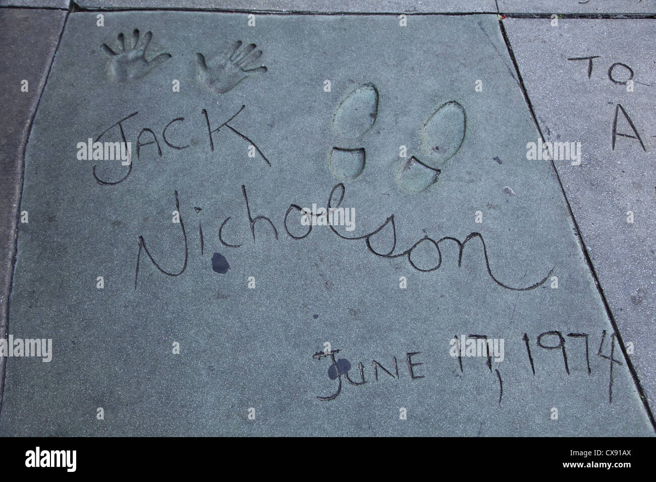 Jack Nicholson, mani e piedi stampe, Manns o Graumans Chinese Movie Theater di Hollywood Boulevard, Los Angeles, California, Stati Uniti d'America Foto Stock