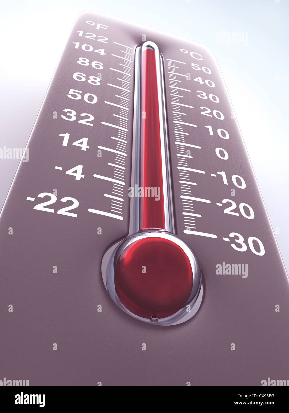 Termometro diventando rosso a causa della temperatura elevata. Foto Stock