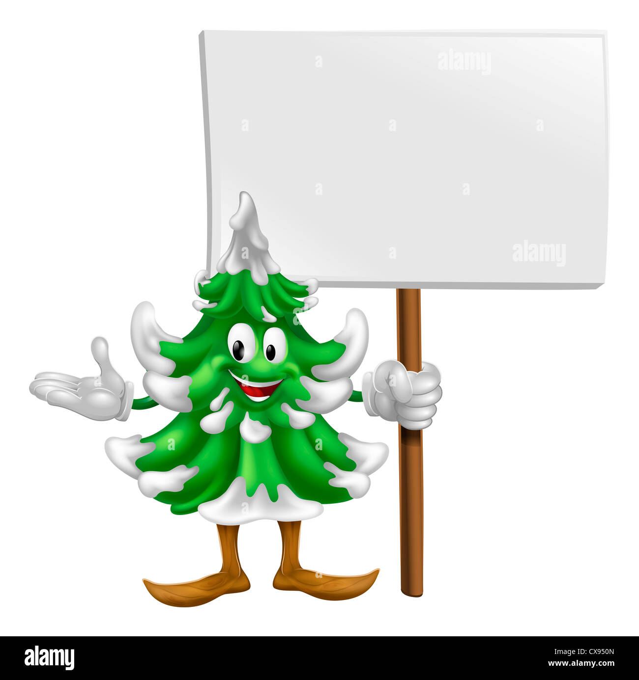 Illustrazione di un felice cartoon albero di Natale mascotte tenendo un cartello Foto Stock