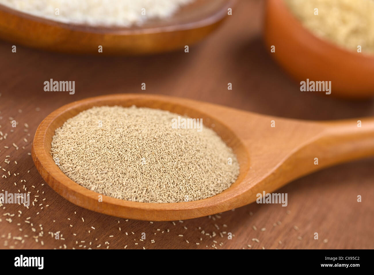 La cottura Ingredienti: lievito secco attivo sul cucchiaio di legno con origano e la farina nel retro Foto Stock
