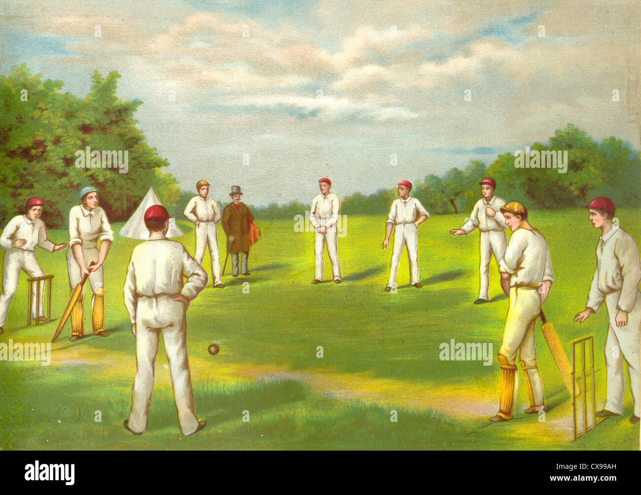 Scena vittoriana di cricket di una partita in corso circa 1885 Foto Stock