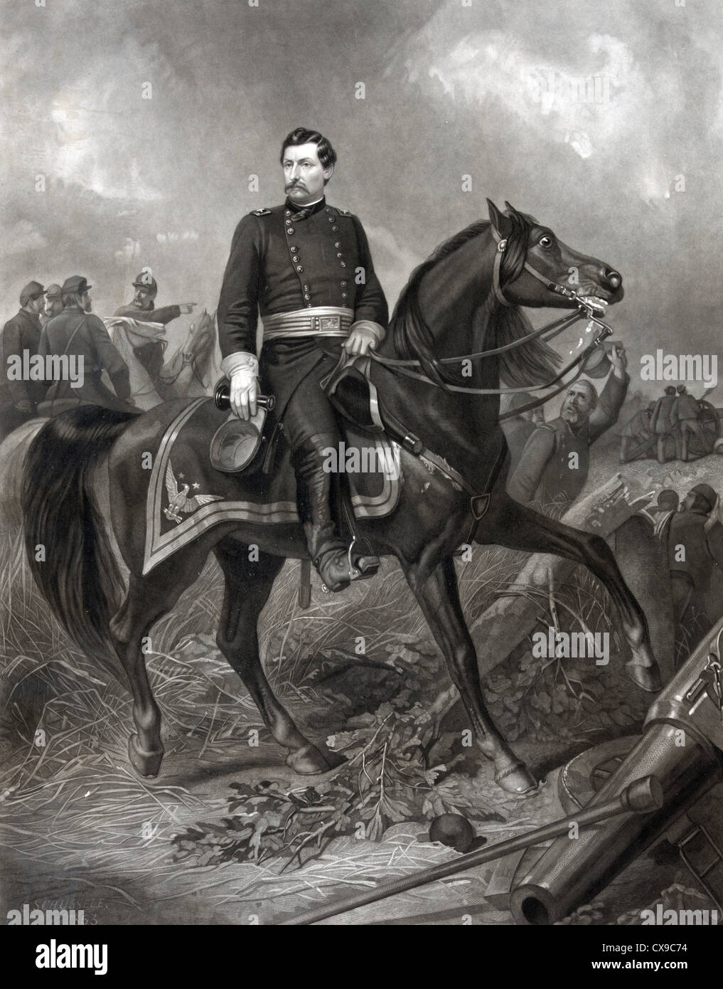 Il maggiore generale George Brinton McClellan nella battaglia di Antietam conosciuta anche come la battaglia di Sharpsburg, Guerra civile americana Foto Stock