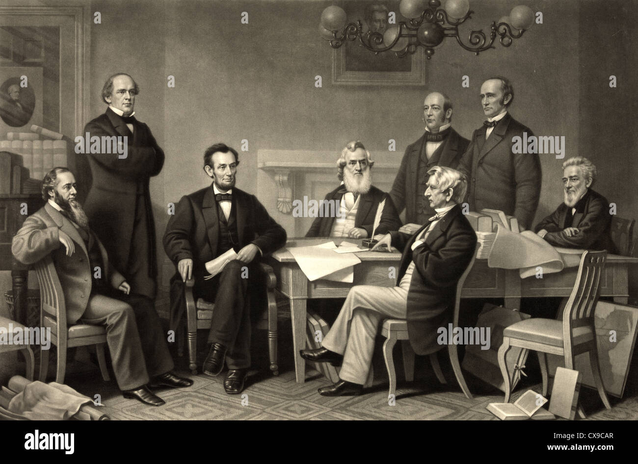 Abraham Lincoln firma il Proclama di emancipazione su luglio 22, 1862 Foto Stock