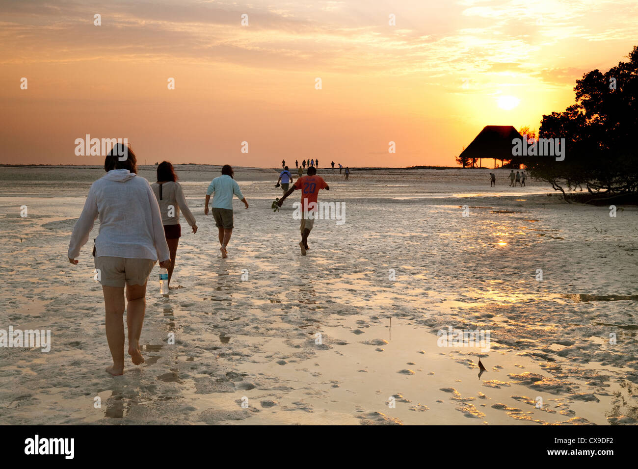 Turisti Michamwi sulla spiaggia al tramonto, Zanzibar Africa Foto Stock