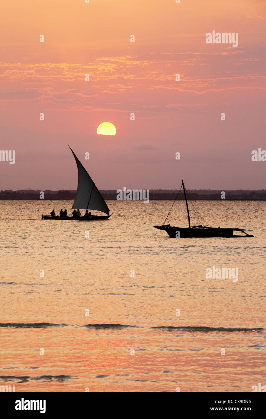 Due dhow in barca a vela al tramonto, Michamwi, Zanzibar Africa Foto Stock