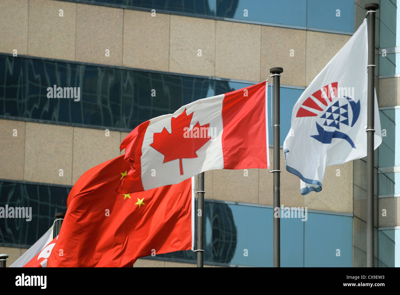 Bandiera canadese battenti accanto alla bandiera della Repubblica popolare cinese di Hong Kong Foto Stock