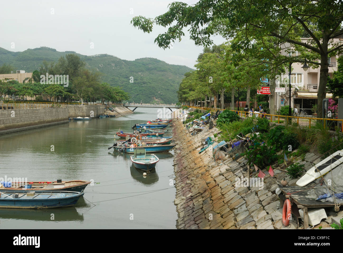 Piccole barche da pesca ormeggiate contro la riva nel fiume Silvermine. Mui Wo, Isola di Lantau, Hong Kong Foto Stock