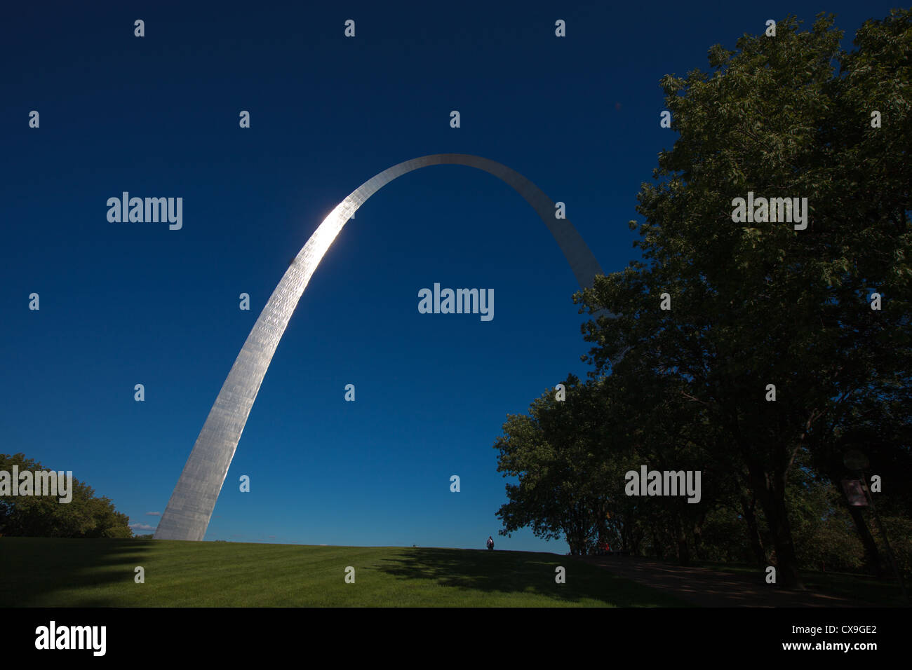 La famosa cattedrale di San Louis arch sorge alto sopra il centro cittadino e il fiume Mississippi. Foto Stock