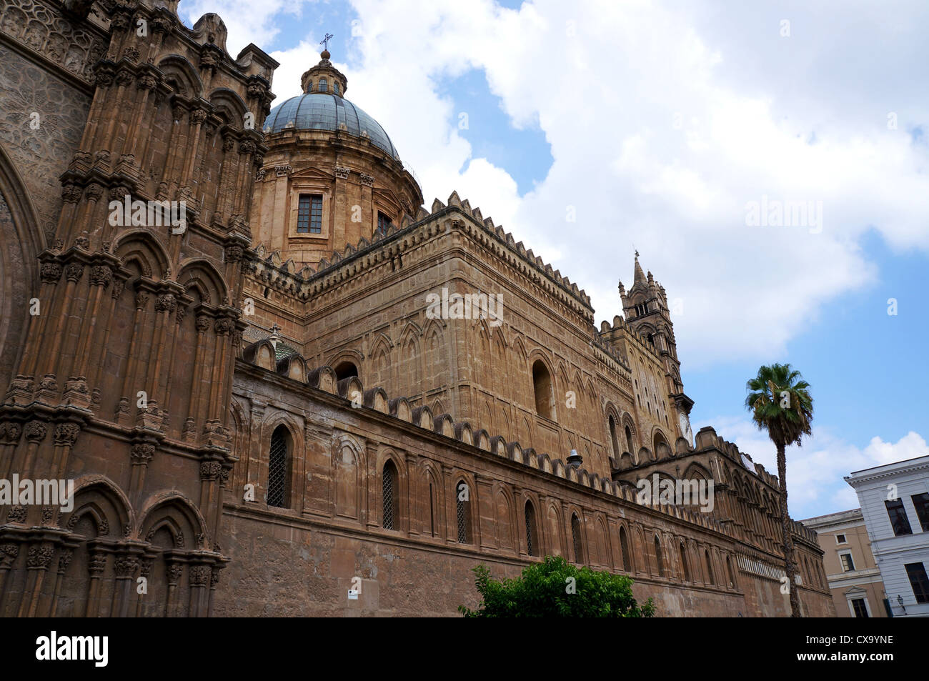 Vista esterna della cattedrale gotica di Palermo in Sicilia Foto Stock