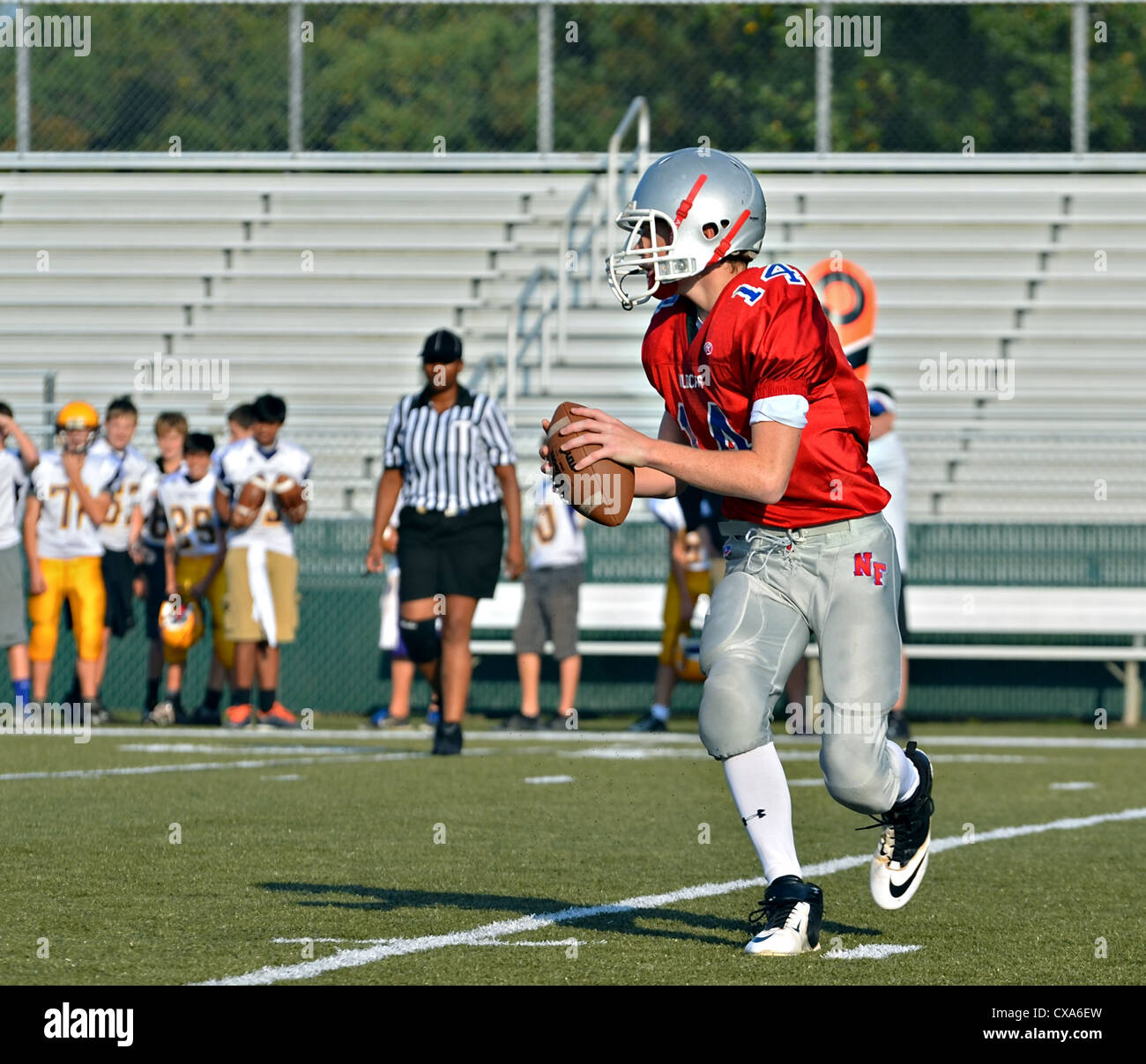 Un quarterback cercando un ricevitore durante una partita di calcio, un arbitro seguendo da vicino l'azione. Foto Stock