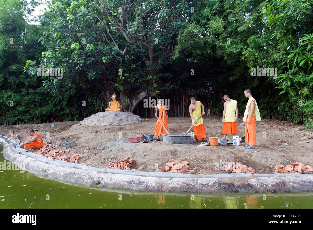 Il debuttante lavorano per costruire un laghetto al Wat Chet Tempio Lin Chiang Mai Thailandia Foto Stock