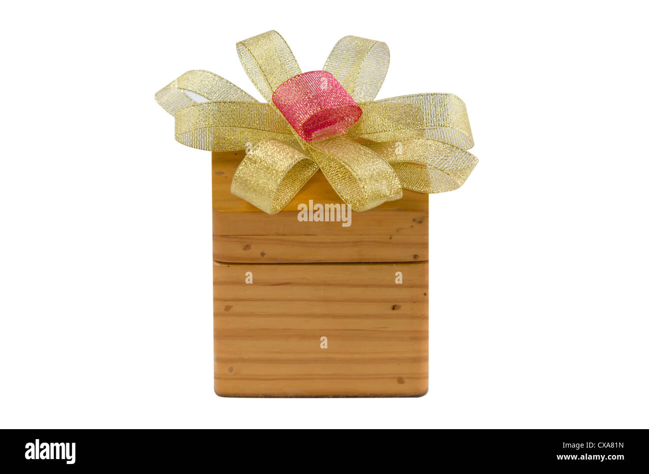 Golden bow e scatola di legno su bianco Foto Stock