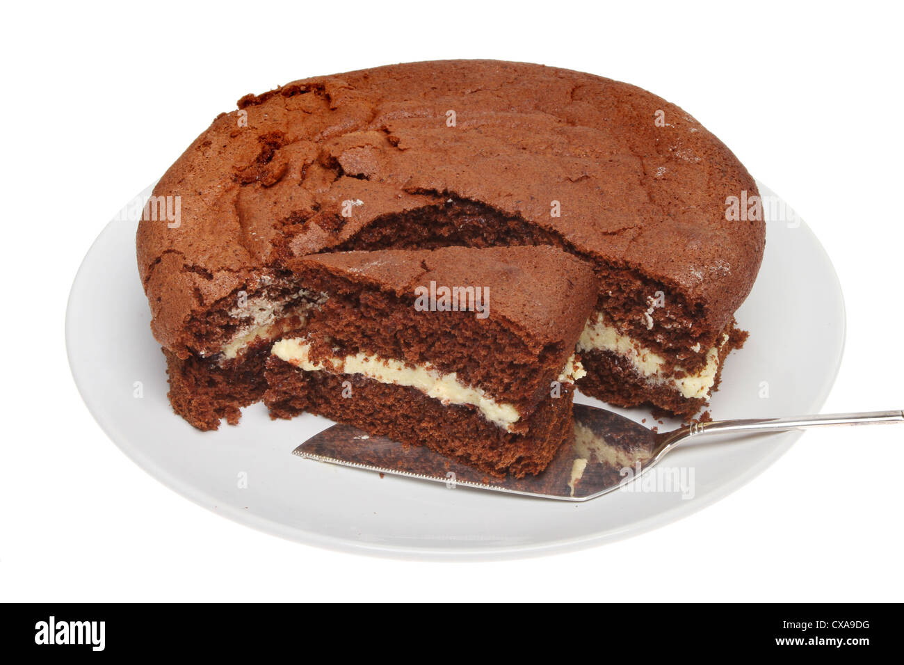 Il cioccolato pan di spagna su una piastra con una porzione su una fetta di torta isolata contro bianco Foto Stock