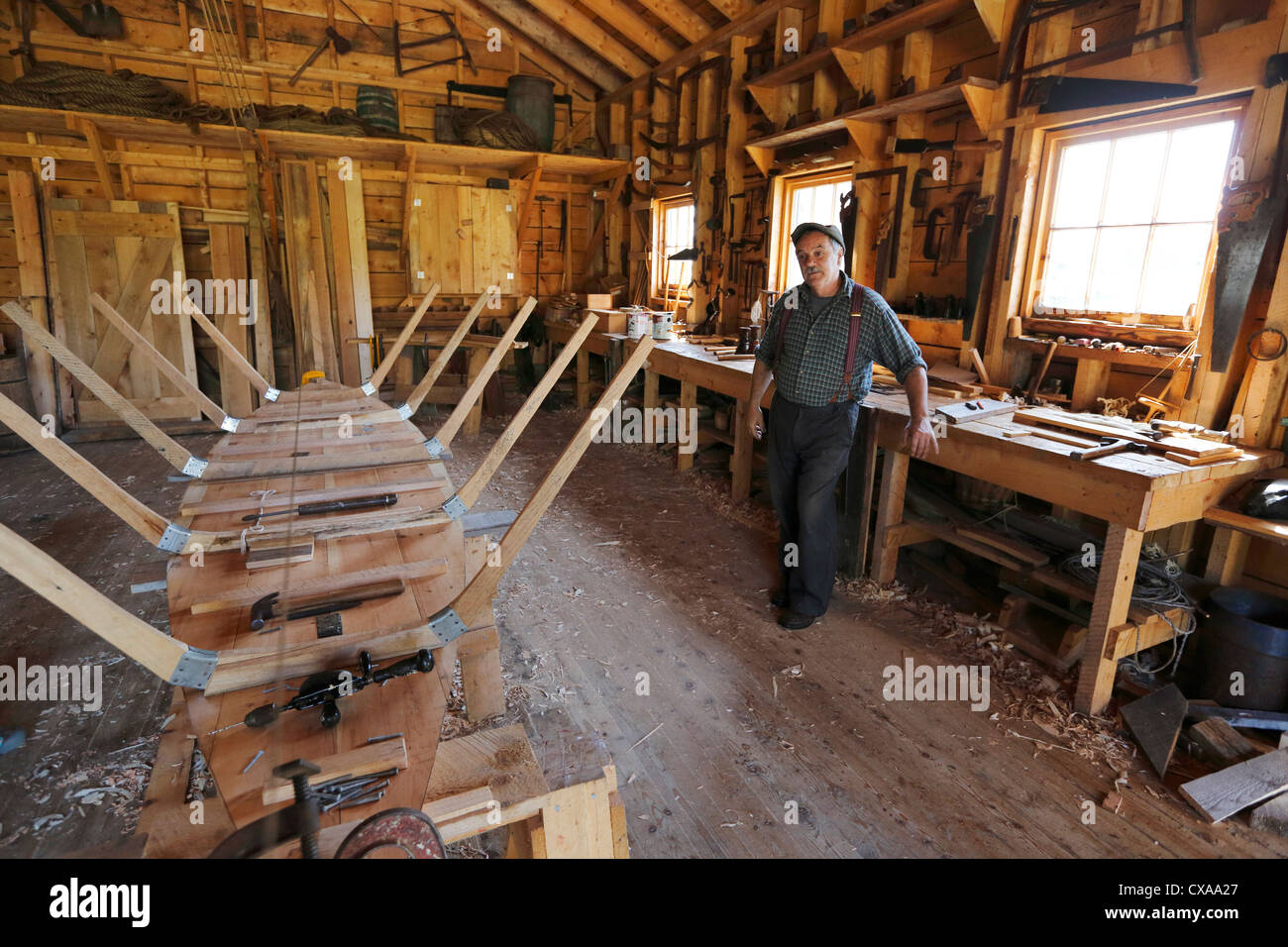 Dory workshop, Storico Acadian Village, una ri-creazione di un 1900s Acadian Village in West Pubnico, Nova Scotia Foto Stock