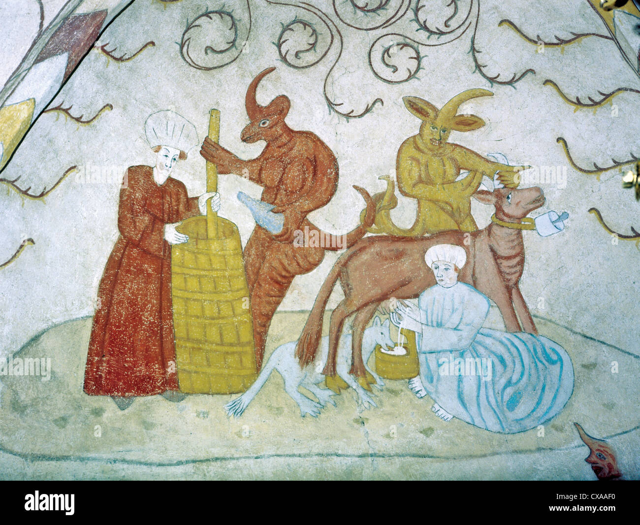 Xvi secolo raffigurante murale cornuto diavoli e la medievale chiesa di San Lorenzo di Lohja, Finlandia Foto Stock