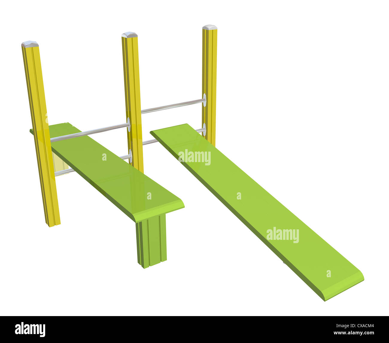 Sit-up schede, orizzontali e inclinate, giallo e verde, 3D'illustrazione, isolata contro uno sfondo bianco. Foto Stock