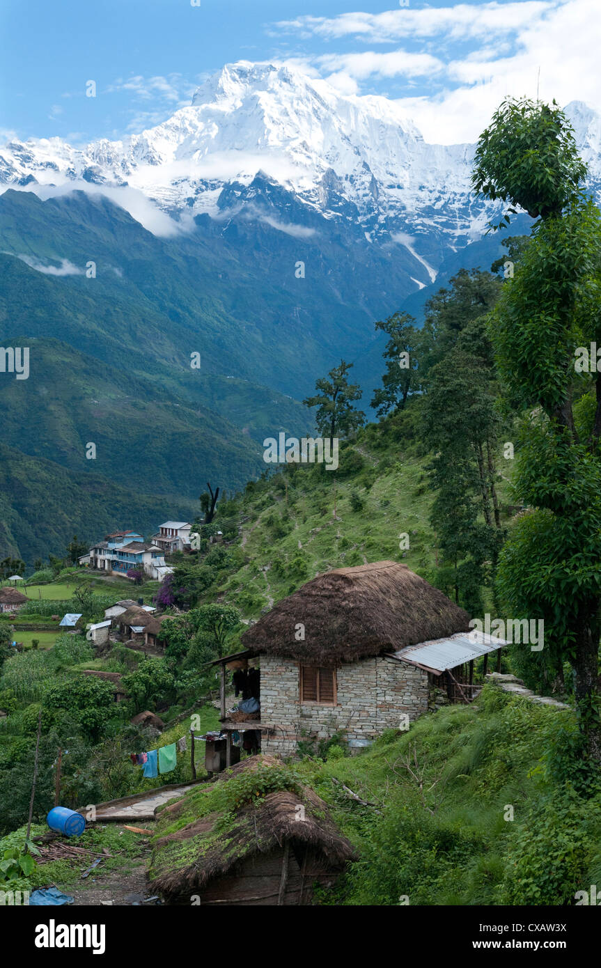 Vista di sud con Annapurna Landruk villge in primo piano, Pokhara, area di Annapurna, Nepal, Asia Foto Stock