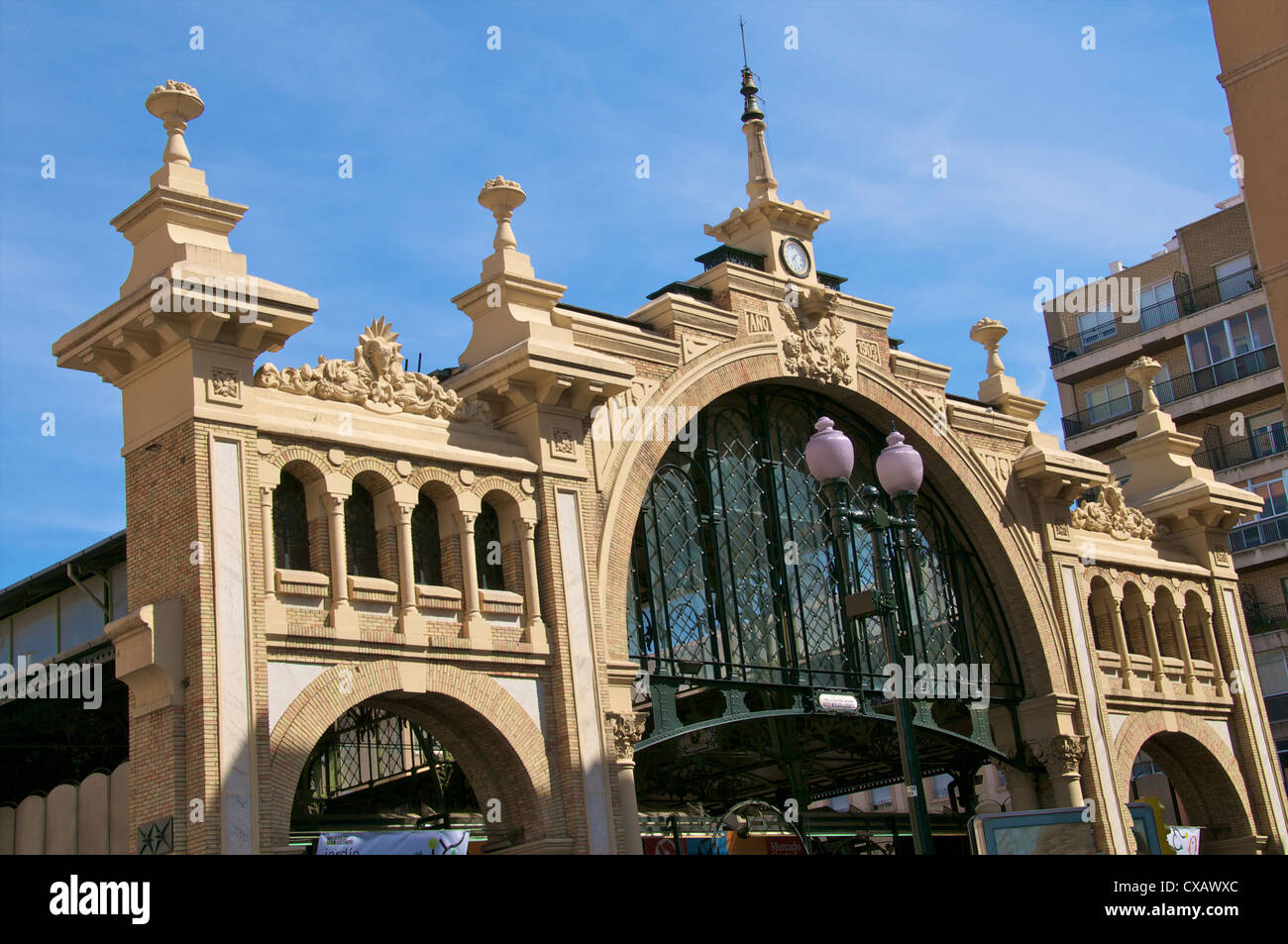 Facciata, Mercato Centrale costruito nel 1903, dettaglio, Saragozza, Aragona, Spagna, Europa Foto Stock