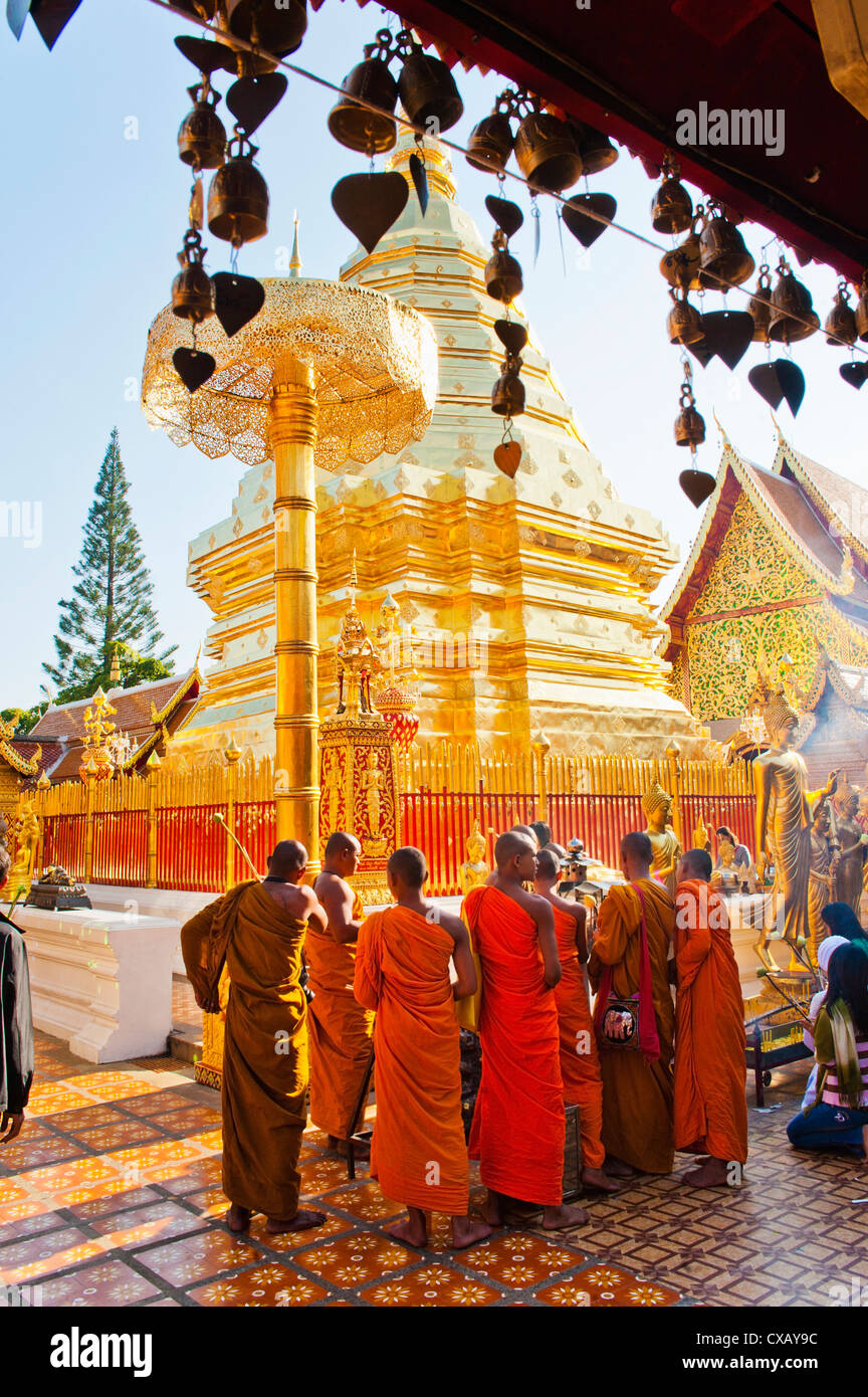 Un gruppo di monaci buddisti pregano presso Wat Doi Suthep Temple, Chiang Mai, Thailandia, Sud-est asiatico, in Asia Foto Stock