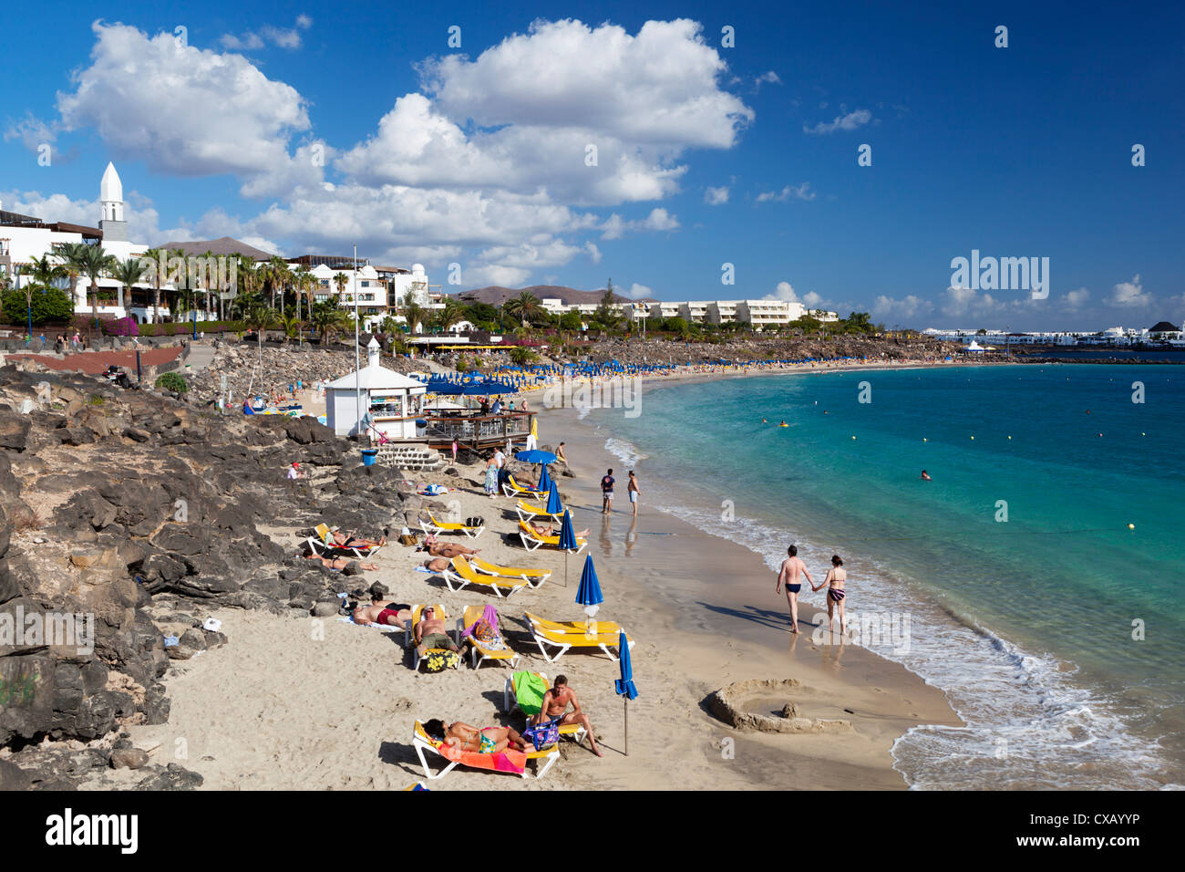 Vista della spiaggia, Playa Blanca, Lanzarote, Isole Canarie, Spagna, Atlantico, Europa Foto Stock