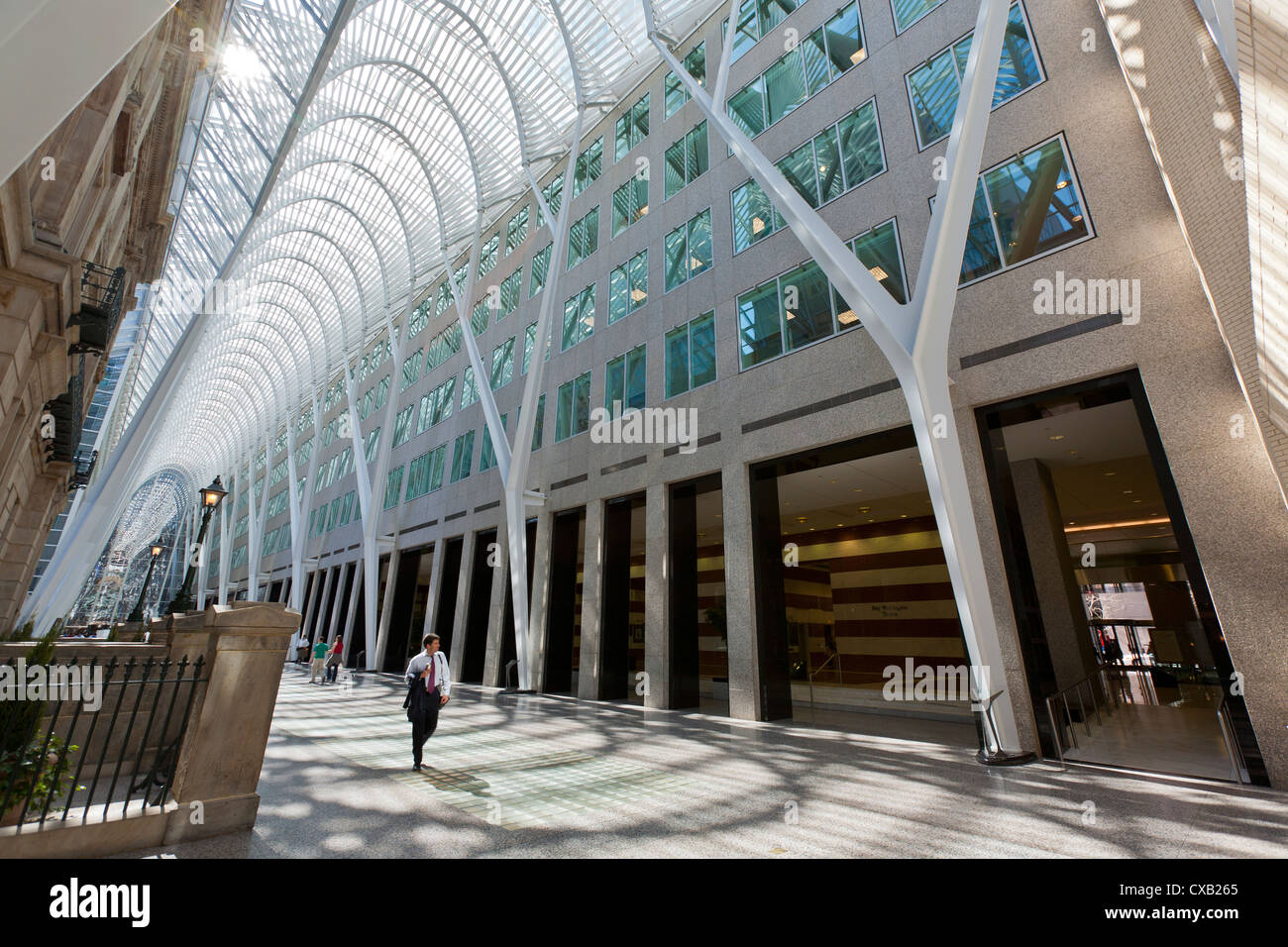 Imprenditore a piedi attraverso la galleria atrium, Brookfield Place, precedentemente noto come BCE Place, Toronto, Ontario, Canada Foto Stock