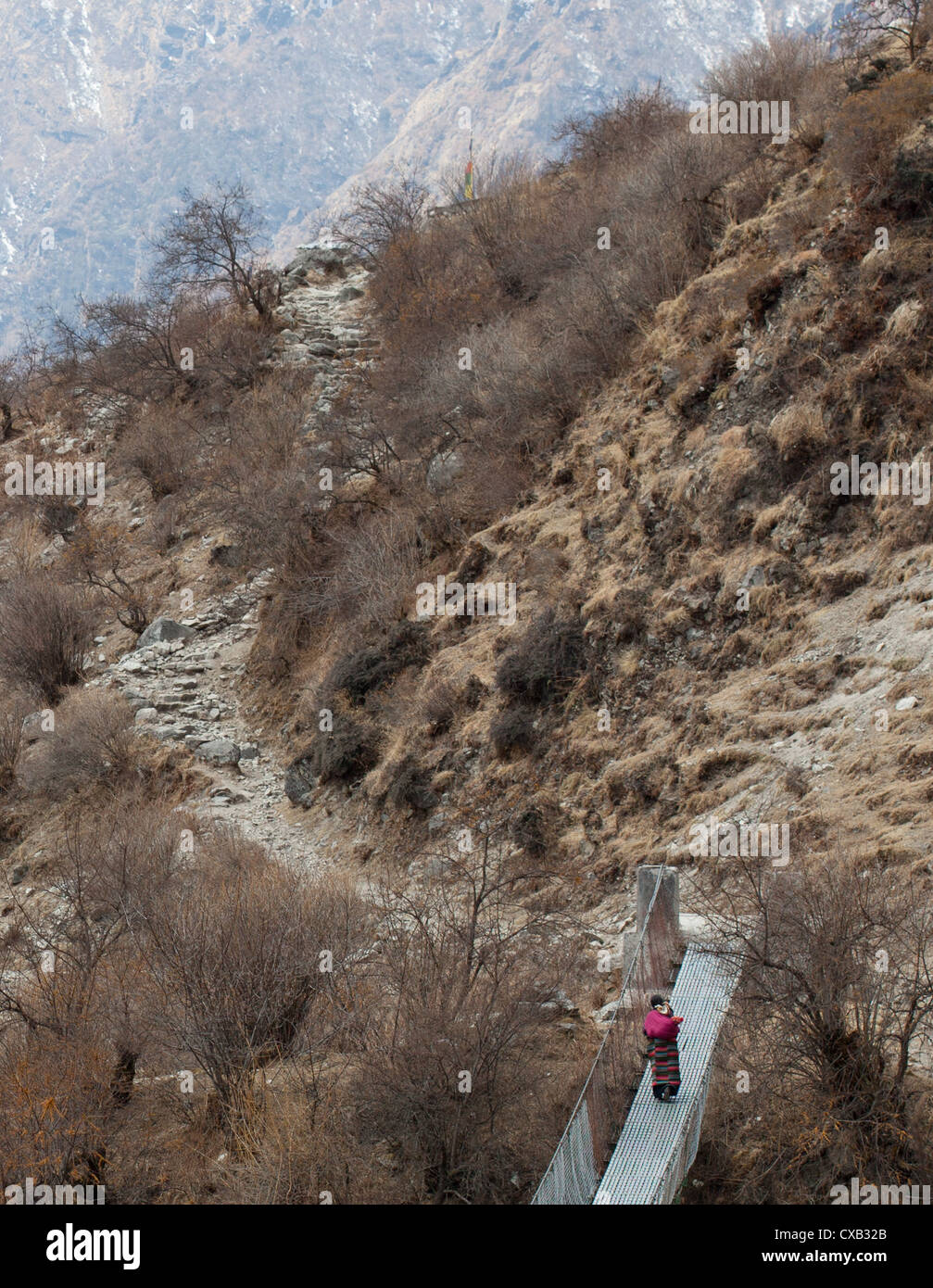 Tamang donna camminando lungo un ponte in acciaio con un bambino sulla schiena in Langtang Valley, Nepal Foto Stock