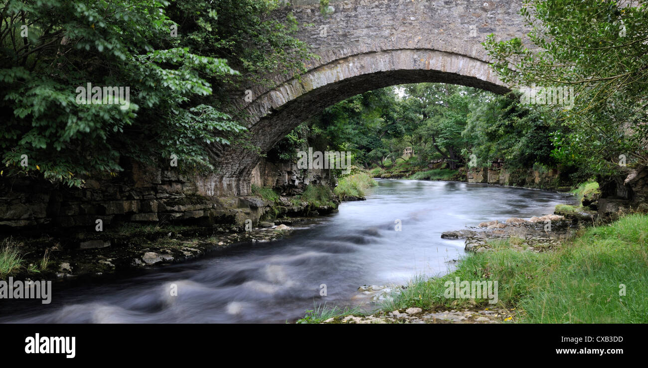 Fast acqua che scorre al di sotto del ponte Hulla, Coverdale, Yorkshire Dales, Inghilterra Foto Stock