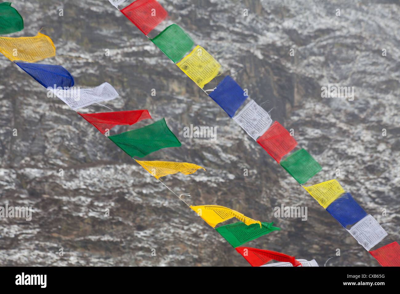 Colorato la preghiera buddista bandiere al vento con una montagna di distanza, Langtang Valley, Nepal Foto Stock