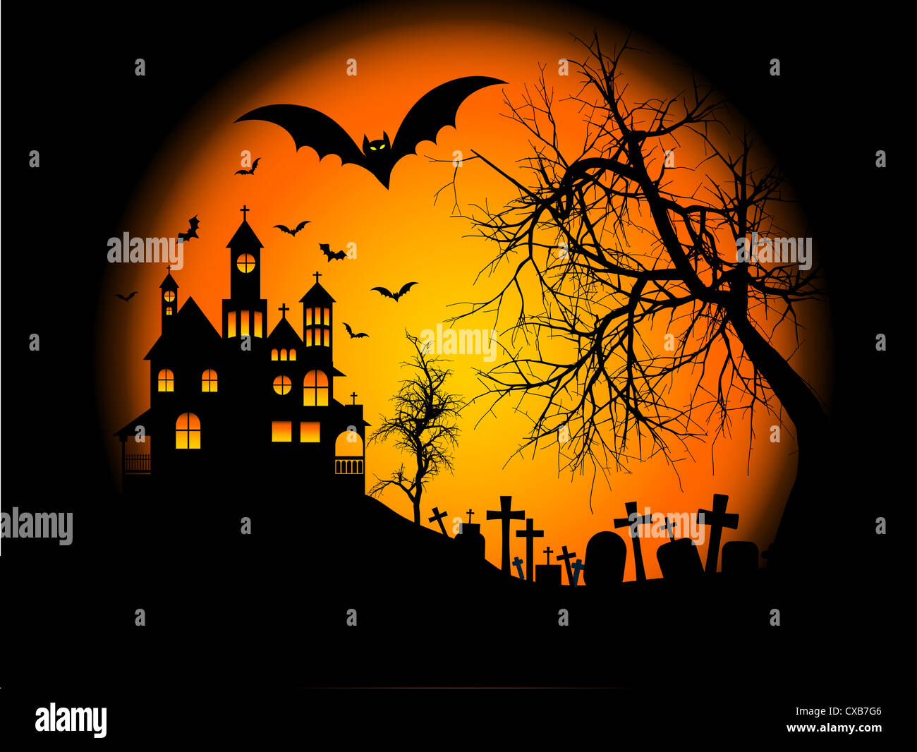 Spooky Halloween sfondo con Haunted House su una collina Foto Stock