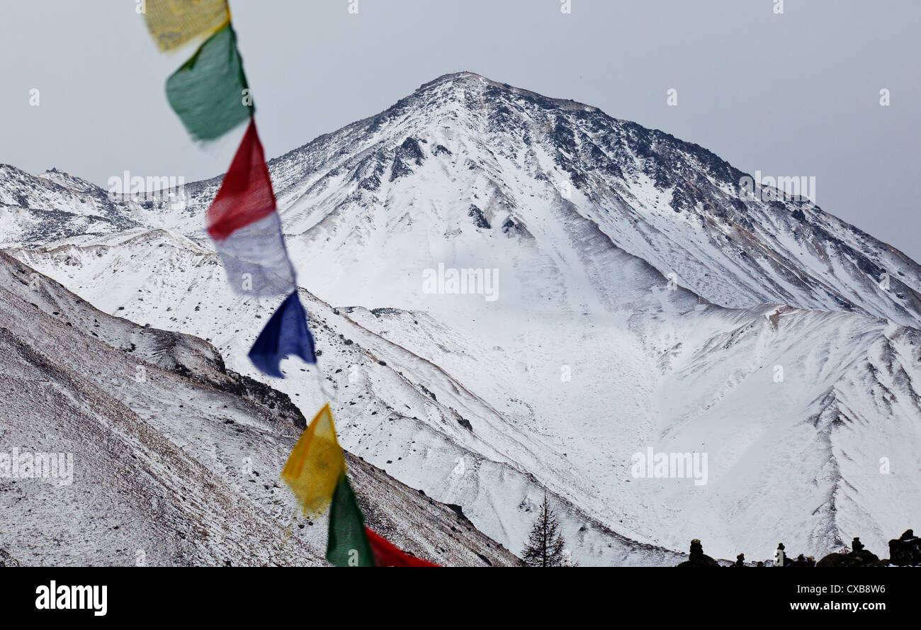 Colorato la preghiera buddista bandiere al vento con una montagna di distanza, Langtang Valley, Nepal Foto Stock