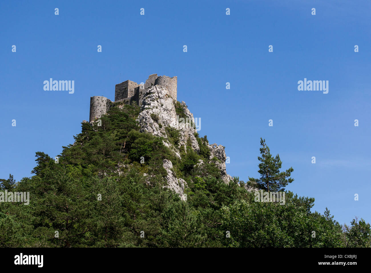 Castello cataro Puilaurens nel Languedoc, Francia. Elencato come monumento historique. Foto Stock