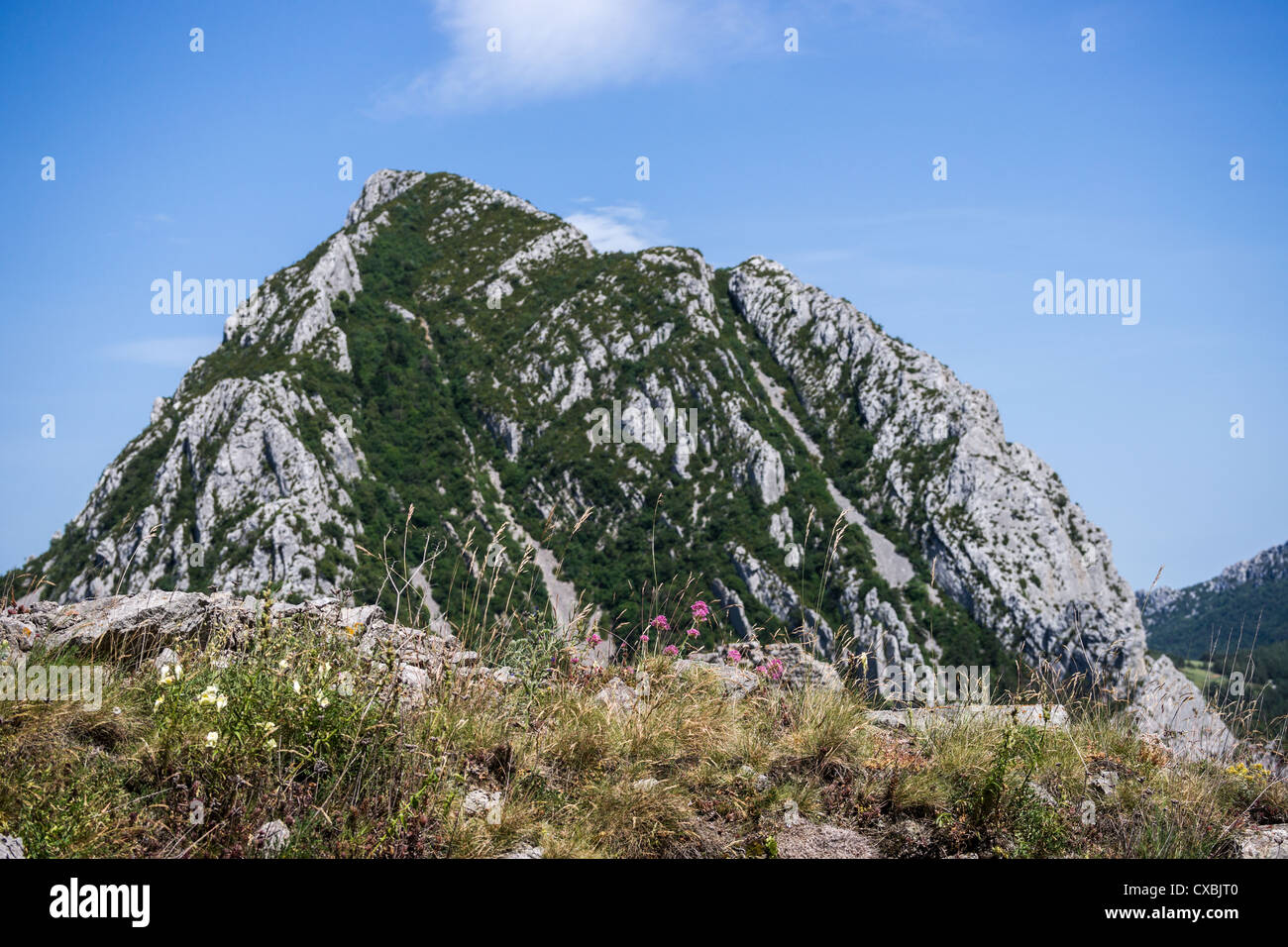 Vista dal castello cataro Puilaurens nel Languedoc, Francia. Foto Stock