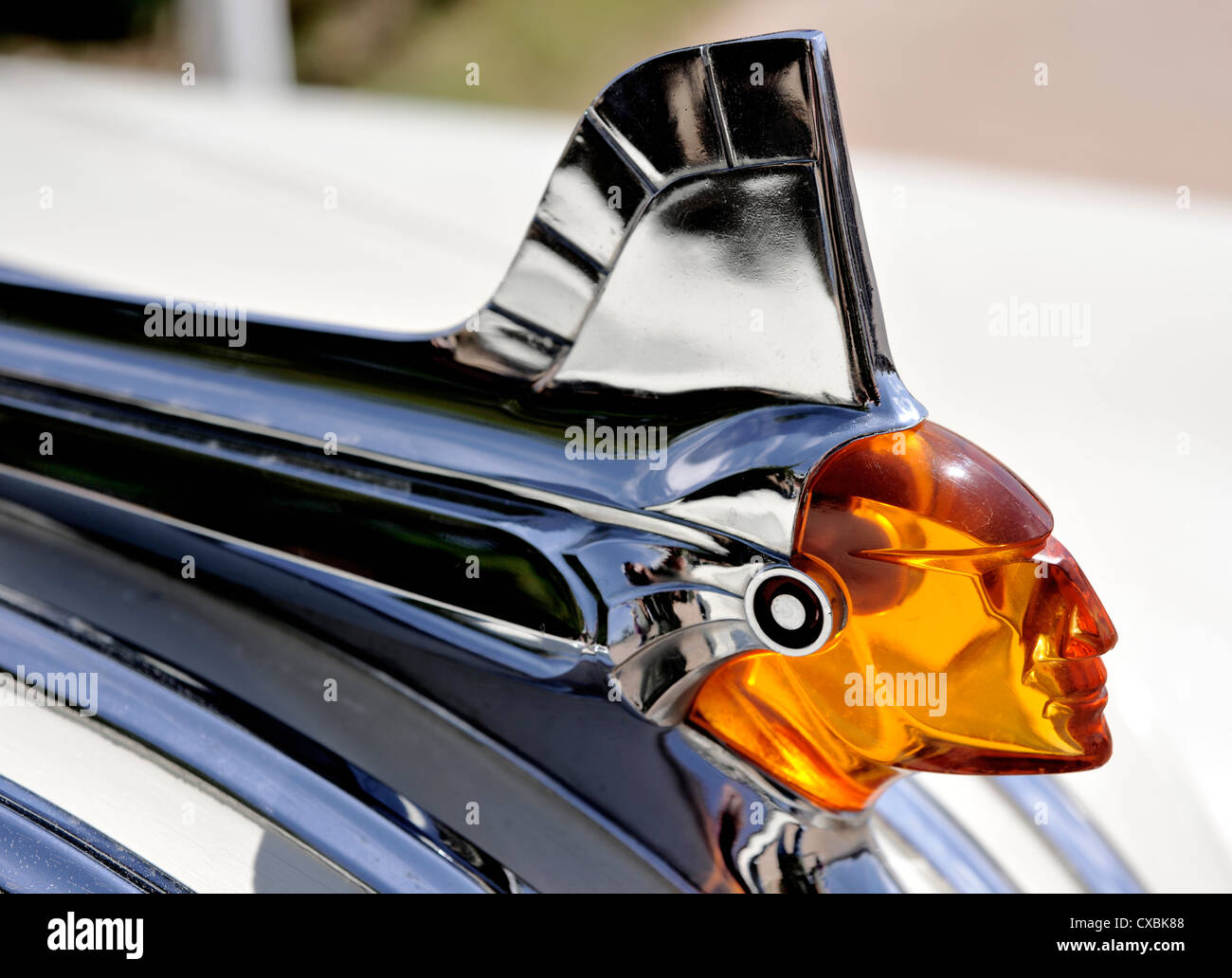 Badge Pontiac, 1950 Lucite rosso capo indiano su chrome che è montato sulla vettura americana il cofano o il cofano. Foto Stock