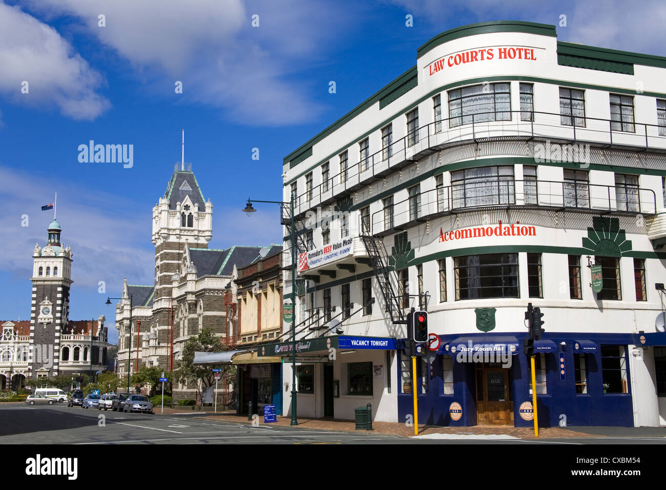 Stuart Street, Dunedin, il quartiere centrale degli affari e il quartiere di Otago, South Island, in Nuova Zelanda, Pacific Foto Stock