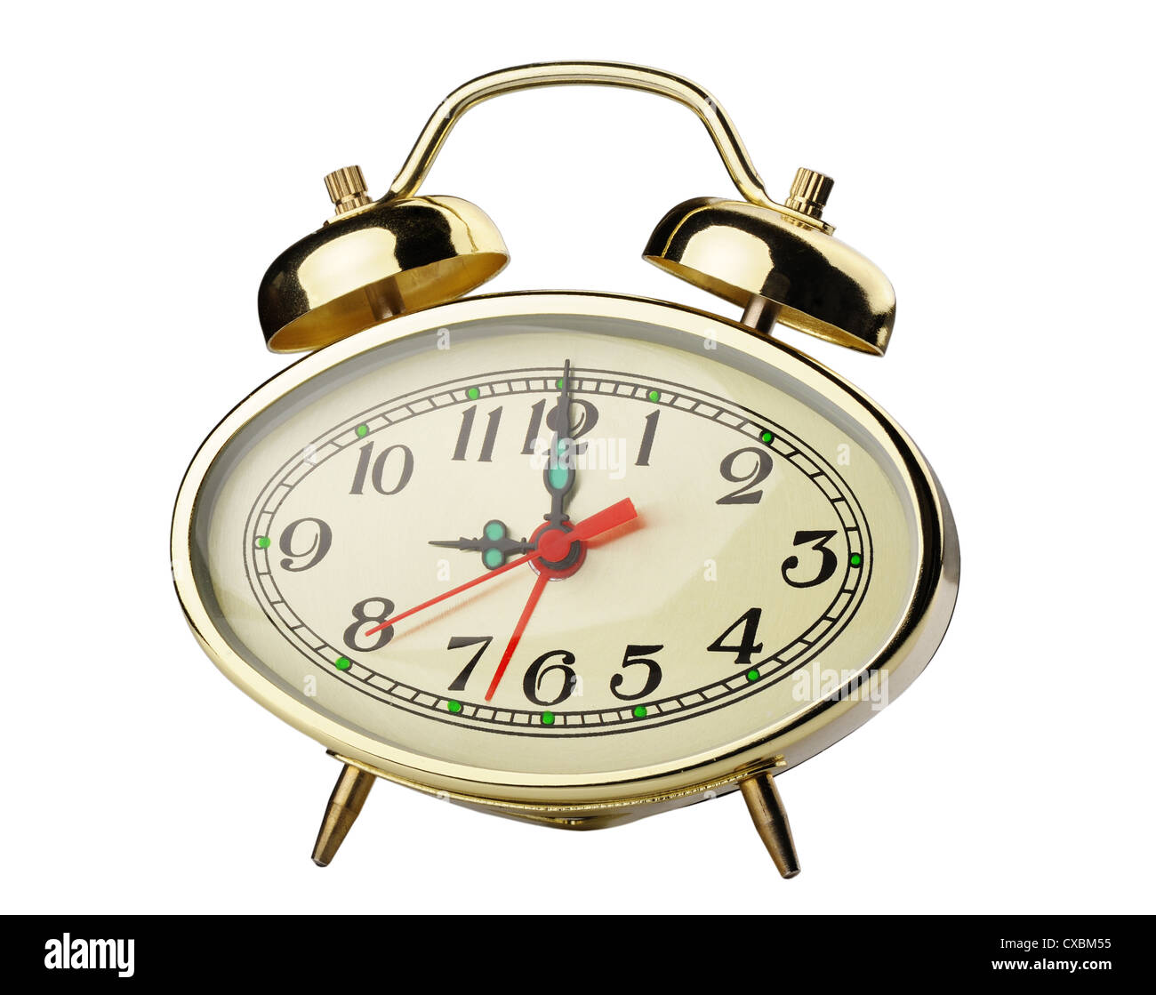 Meccanica orologio sveglia con una campana decorativa, isolata su uno sfondo bianco. Foto Stock