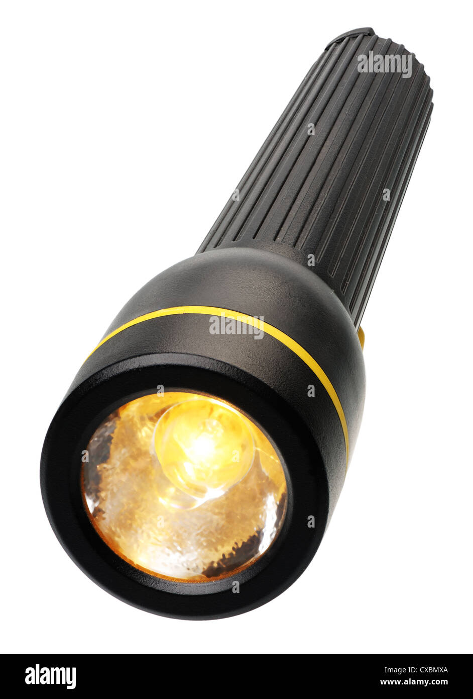 La luce elettrica in un involucro di plastica nero, isolato Foto Stock