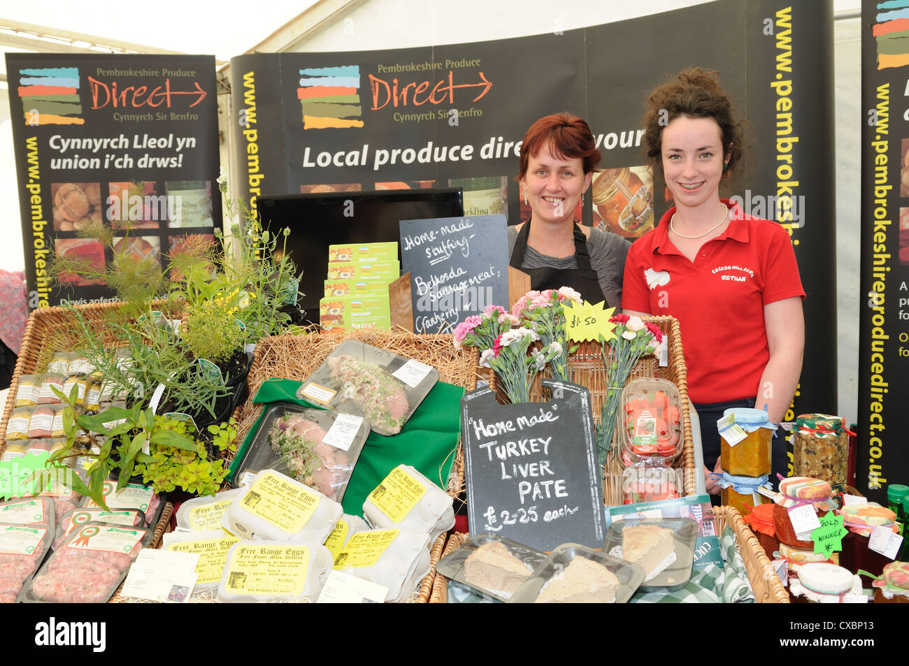In stallo la promozione locale di Pembrokeshire produrre direttamente a voi porta Narbarth Food Festival Pembrokeshire Wales Cymru Regno Unito GB Foto Stock