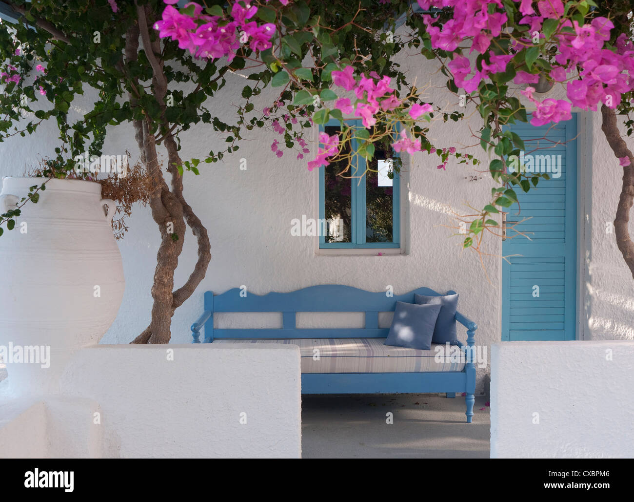 Fiori di bouganville al di fuori camera hotel, a kamari, Santorini, Grecia Foto Stock